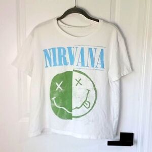 Nirvana White Blue Green Distressed Graphic Crop T-Shirt Top - Size Large